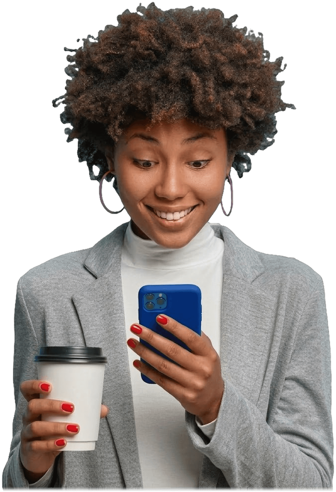 A CircleSave member smiling at her phone while holding a coffee